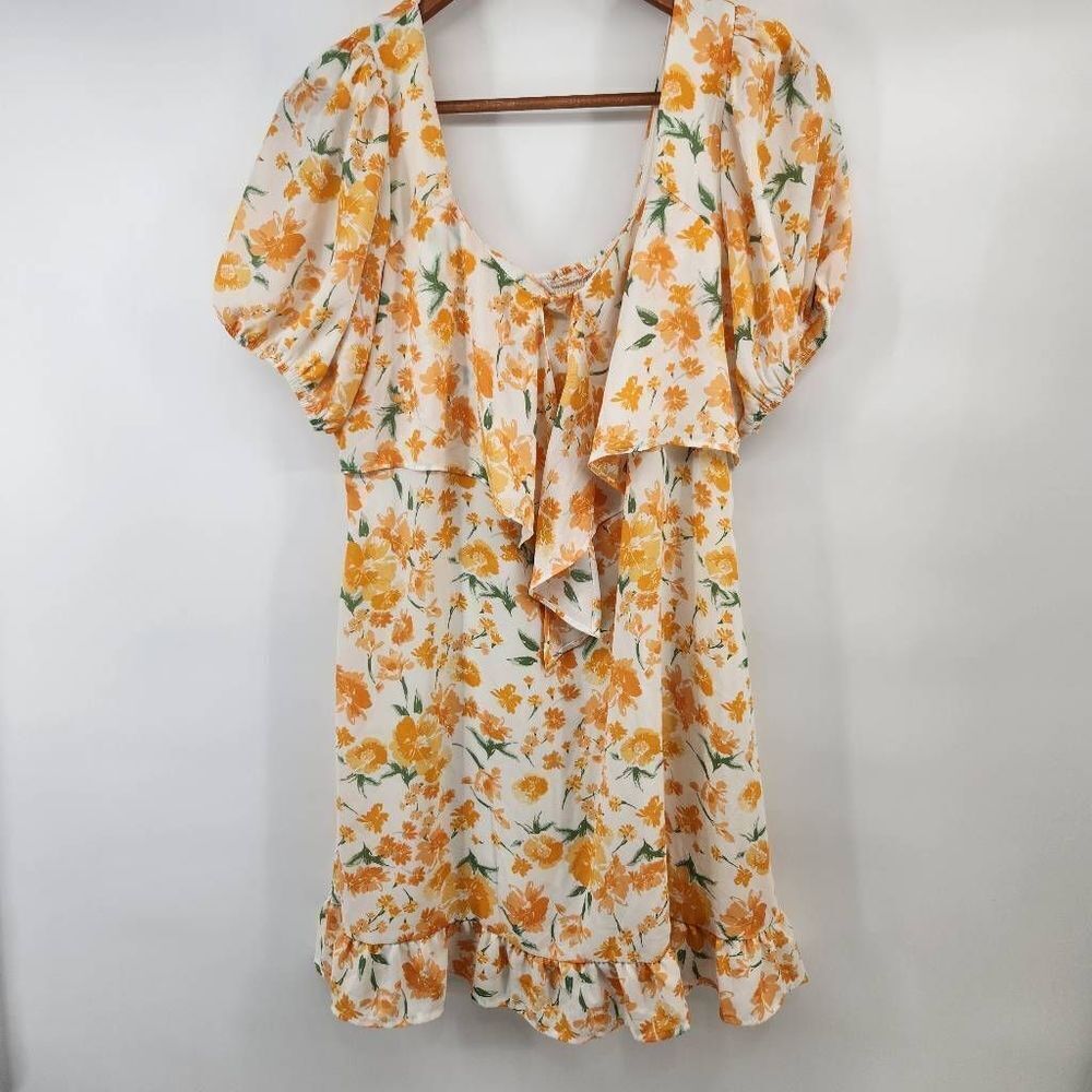 Sienna Sky Smocked Puffy Sleeve Off Shoulder Dress Floral Orange White Women's L